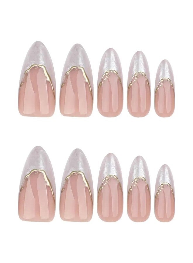CTTHNBD Press on Nails Short Almond Fake Nails White Ombre False Nails with 3D Gold Line Design Glue on Nails Glossy Full Cover Stick on Nails Elegant Acrylic Nails for Women Manicure 24Pcs - Image 5